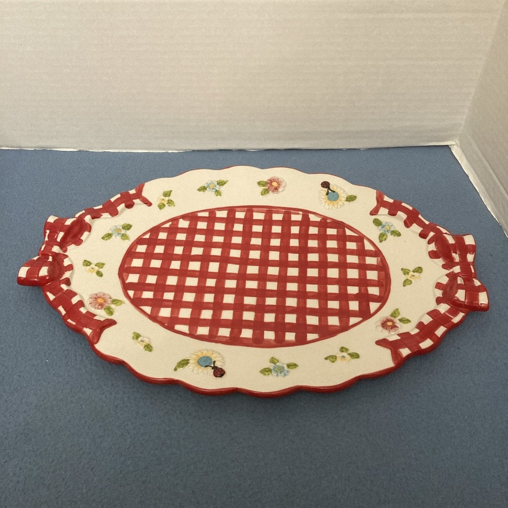 HTF Temp-tations by Tara Gingham Garden Red 16" Oval Serving Platter